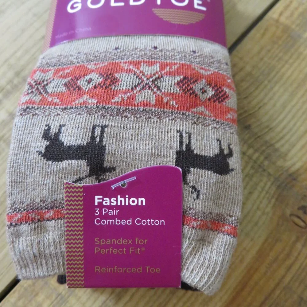 NWT Women's Gold Toe 3 pack Cotton Fashion Socks Shoe Size 6-9 Fall Winter